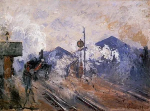 Hand-painted Saint-Lazare Station reproduction by Claude Monet – steamy engine with textured brushstrokes.