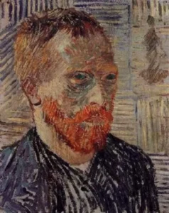 Hand-painted Van Gogh Self-Portrait with a Japanese Print – textured brushstrokes and yellow straw hat.