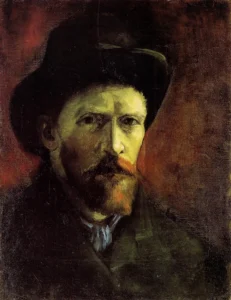 Hand-painted Self-Portrait reproduction by Vincent Van Gogh – featuring textured brushstrokes and a dark felt hat.