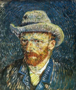 Hand-painted Self Portrait with Felt Hat reproduction by Vincent Van Gogh – blue textured brushstrokes and yellow halo.