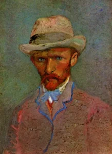 Hand-painted Self-Portrait with Gray Felt Hat reproduction by Vincent Van Gogh – textured brushstrokes and blue halo.