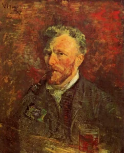 Hand-painted Self-Portrait with Pipe and Glass by Van Gogh – textured brushstrokes showing a wine glass and pipe.