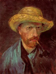 Hand-painted Self-Portrait with Straw Hat reproduction by Van Gogh – yellow straw hat and textured brushstrokes.