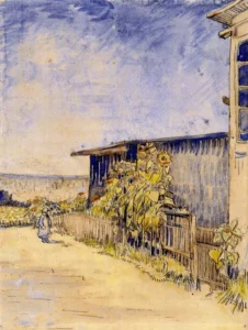 Hand-painted Shed with Sunflowers reproduction by Vincent Van Gogh – radiant yellow blooms with textured brushstrokes.