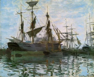 Hand-painted Ships in Harbor reproduction by Claude Monet – masts against a soft sky with textured brushstrokes.