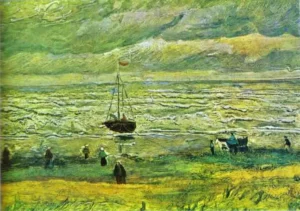 Hand-painted Shores of Scheveningen reproduction by Vincent Van Gogh – textured brushstrokes of stormy waves.