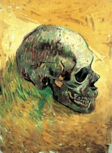 Hand-painted Skull reproduction by Vincent Van Gogh – yellowed bone and textured brushstrokes – museum quality oil on linen