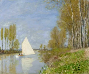 Hand-painted Small Boat on the Seine reproduction by Claude Monet – serene water with textured brushstrokes.