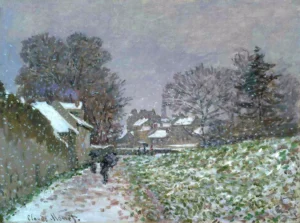 Hand-painted Snow at Argenteuil 02 reproduction by Claude Monet – cart tracks in snow with textured brushstrokes.
