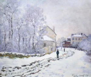 Hand-painted Snow at Argenteuil reproduction by Claude Monet – textured brushstrokes of winter snow on a village path.