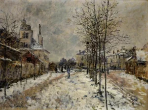 Hand-painted Snow Effect at Argenteuil reproduction by Claude Monet – snowy road with textured brushstrokes.