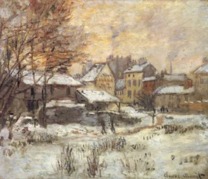 Hand-painted Snow Effect with Setting Sun reproduction by Claude Monet – glowing sky and textured brushstrokes.