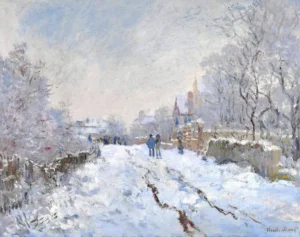 Hand-painted Snow Scene at Argenteuil reproduction by Claude Monet – brown cart tracks and textured brushstrokes.