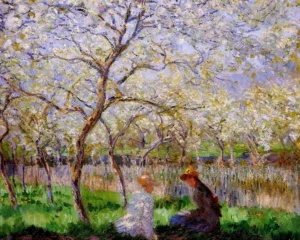 Hand-painted Springtime reproduction by Claude Monet – blossoming trees with textured brushstrokes – museum quality oil on linen