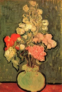 Hand-painted Still Life Vase with Rose-Mallows reproduction by Van Gogh – red blooms and textured brushstrokes.