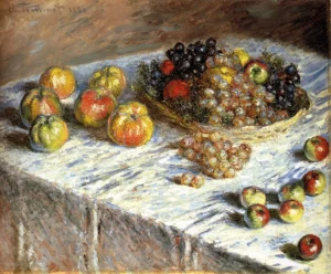 Hand-painted Still Life with Apples And Grapes reproduction by Claude Monet – vibrant textured brushstrokes on fruit.
