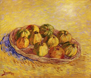 Hand-painted Still Life with Basket of Apples reproduction by Van Gogh – red fruit and textured brushstrokes.