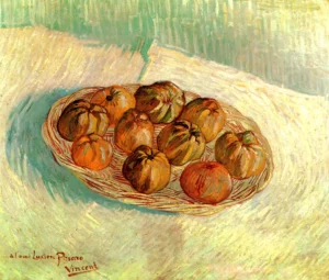 Hand-painted Still Life with Basket of Apples reproduction by Van Gogh – red fruit with textured brushstrokes.
