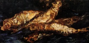Hand-painted Still Life with Bloaters reproduction by Vincent Van Gogh – yellow fish and textured brushstrokes.