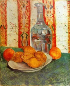 Hand-painted Still Life with Decanter and Lemons reproduction by Van Gogh – yellow citrus with textured brushstrokes.