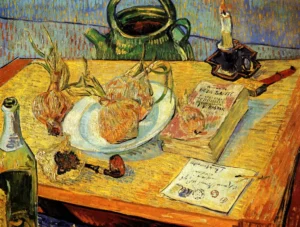 Hand-painted Still Life with Drawing Board by Van Gogh – yellow onions and textured brushstrokes on archival linen.
