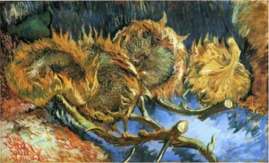 Hand-painted Still Life with Four Sunflowers reproduction by Vincent Van Gogh – vibrant yellow petals and textured brushstrokes.