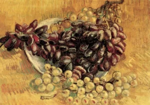 Hand-painted Still Life with Grapes reproduction by Vincent Van Gogh – vibrant yellow hues and textured brushstrokes.