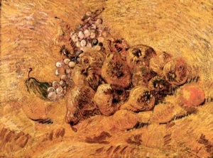 Hand-painted Still Life with Grapes, Pears and Lemons reproduction by Van Gogh – vibrant yellow fruit with textured brushstrokes