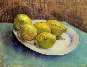 Hand-painted Still Life with Lemons on a Plate reproduction by Van Gogh – yellow fruit with textured brushstrokes.