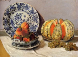 Hand-painted Still Life with Melon reproduction by Claude Monet – sliced melon with textured brushstrokes.
