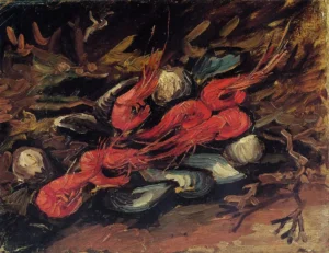 Hand-painted Still Life with Mussels and Shrimp by Van Gogh – vibrant seafood with textured brushstrokes.