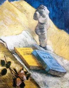 Hand-painted Still Life with Plaster Statuette reproduction by Van Gogh – yellow books and textured brushstrokes.