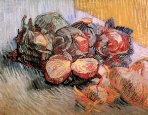 Hand-painted Still Life with Red Cabbages and Onions by Van Gogh – textured brushstrokes of purple cabbage and garlic.