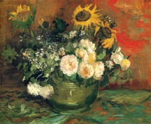 Hand-painted Still Life with Roses and Sunflowers reproduction by Van Gogh – vibrant yellow petals and textured brushstrokes.