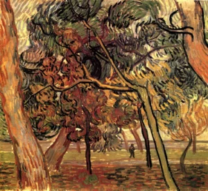 Hand-painted Study of Pine Trees reproduction by Vincent Van Gogh – textured brushstrokes of gnarled branches.