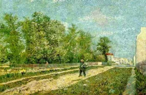 Hand-painted Suburbs of Paris reproduction by Vincent Van Gogh – vibrant textured brushstrokes of a pastoral landscape.