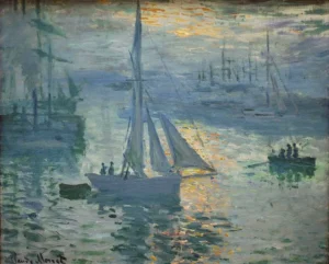 Hand-painted Sunrise, The Sea reproduction by Claude Monet – orange sun reflecting via textured brushstrokes.