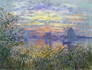 Hand-painted Sunset on the Siene reproduction by Claude Monet – golden sun reflections and textured brushstrokes.