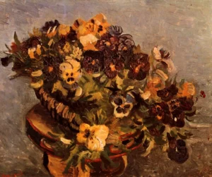 Hand-painted Tambourine with Pansies reproduction by Vincent Van Gogh – vibrant petals with textured brushstrokes.