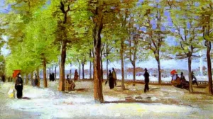 Hand-painted Terrace in the Luxembourg Garden reproduction by Van Gogh – lush green trees and textured brushstrokes.