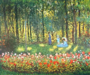 Hand-painted The Artist's Family in the Garden by Monet – vibrant red flowers and textured brushstrokes.