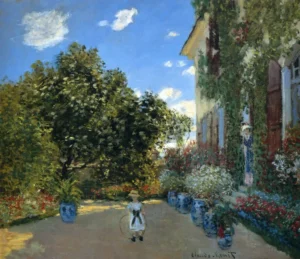 Hand-painted The Artist's House at Argenteuil reproduction by Claude Monet – vibrant blue shutters and textured brushstrokes