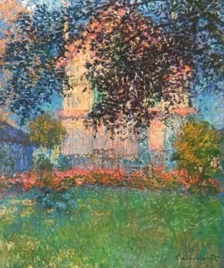 Hand-painted The Artist's House in Argenteuil reproduction by Claude Monet – blue flower pots and textured brushstrokes