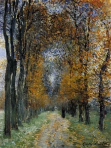 Hand-painted The Avenue reproduction by Claude Monet – tall poplar trees with textured brushstrokes.