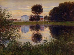 Hand-painted The Ball Shaped Tree reproduction by Monet – textured brushstrokes of house reflections on water.