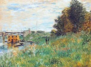 Hand-painted The Banks of the Seine reproduction by Claude Monet – textured brushstrokes showing a bridge over water.