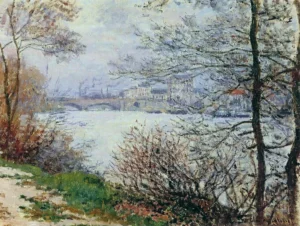 Hand-painted Banks of the Seine reproduction by Claude Monet – lush river greenery with textured brushstrokes.