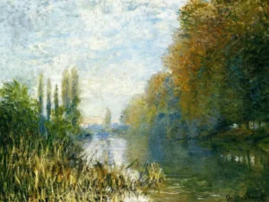 Hand-painted The Banks of The Seine in Autumn reproduction by Claude Monet – golden trees and textured brushstrokes.