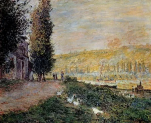 Hand-painted The Banks of the Seine, Lavacourt by Monet – verdant trees and textured brushstrokes – oil on linen