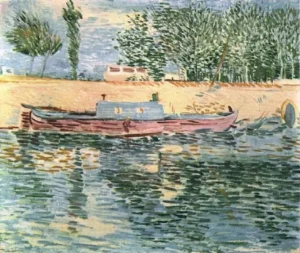 Hand-painted Banks of the Seine reproduction by Van Gogh – serene river with textured brushstrokes on water.